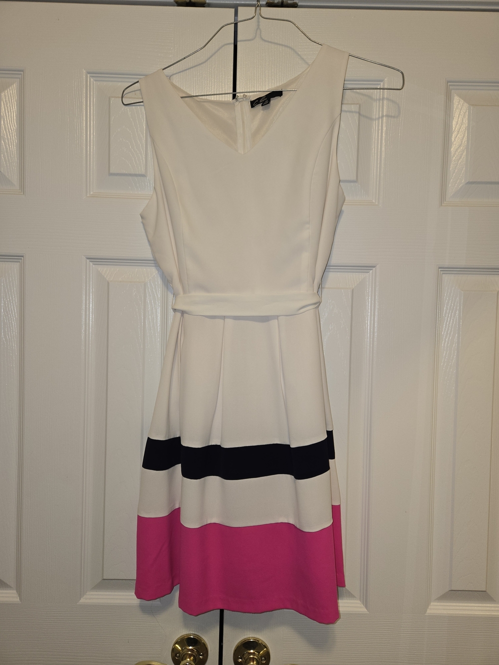C. Luce White Sleeveless Fit-and-Flare Dress with Black and Pink Stripes